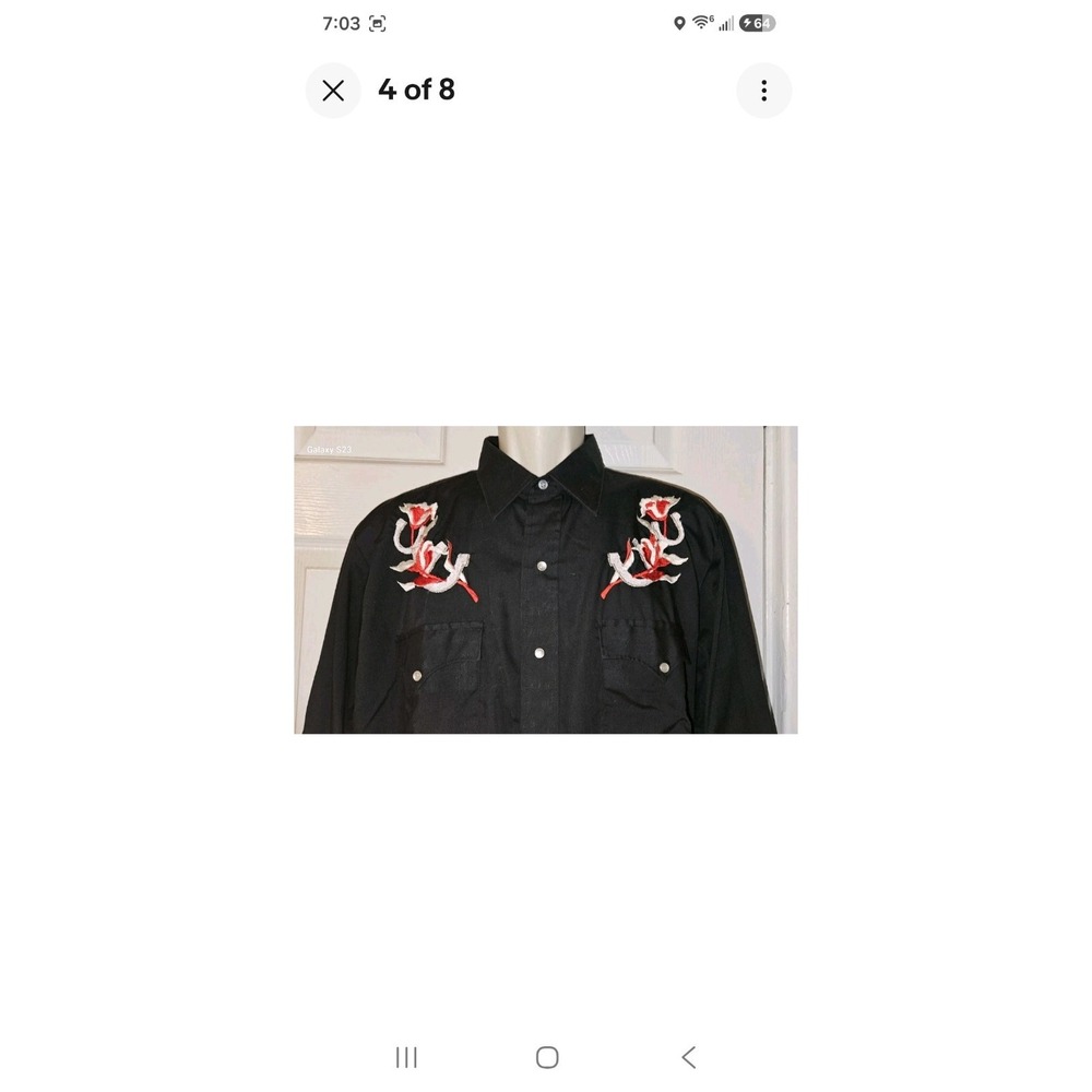 Karman Mens Size M Black Western Shirt Floral Embroidered Pearl Snap Ranch Rodeo - Picture 4 of 8